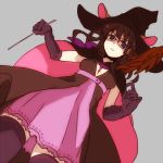  1girl animal_ears blue_eyes breasts brown_hair buchobucho cape dress elbow_gloves fate/prototype fate_(series) glasses gloves hat long_hair sajou_ayaka solo thigh-highs wand witch witch_hat 