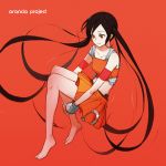  1girl arancia barefoot black_hair feet francisco_valle long_hair midriff orange_background orange_eyes original simple_background skirt smile solo twintails 