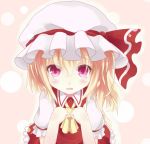  1girl ascot blonde_hair blush bust commentary fang flandre_scarlet hat hat_ribbon looking_at_viewer nikkunemu open_mouth pink_background pink_eyes puffy_sleeves ribbon shirt short_sleeves skirt skirt_set solo touhou vest 