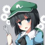  1girl backpack bag black_hair blue_eyes blush bob_cut gears hat kappa_mob lowres open_mouth smile solo taku10 touhou wrench 