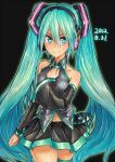  1girl black_background blush breasts dated detached_sleeves green_eyes green_hair hatsune_miku headphones long_hair ros simple_background skirt smile solo twintails very_long_hair vocaloid 
