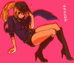  1girl ahoge baseball_cap boots buchobucho fate/stay_night fate_(series) hat heroine_x pink_background ponytail rough saber scarf shorts simple_background solo 