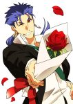  1boy earrings fate/stay_night fate_(series) flower formal jewelry lancer long_hair necktie ponytail red_eyes red_rose rose sexy44 solo suit 