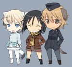  502nd_joint_fighter_wing chibi kanno_naoe lowres military nikka_edvardine_katajainen no_pants pantyhose shimada_fumikane short_hair strike_witches uniform waltrud_krupinski 