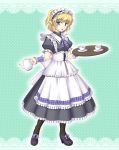 1girl alternate_costume apron black_dress black_legwear blonde_hair corset cup dress enmaided gomi_(gomitin) green_eyes hairband high_heels lolita_hairband looking_at_viewer maid mizuhashi_parsee open_mouth pantyhose pointy_ears ponytail puffy_sleeves shoes short_sleeves solo teacup teapot touhou tray wrist_cuffs 