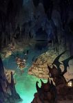  1girl bag bat brown_hair cave lamp original pone ponytail reflection river scenery signature solo stalactite underground wading water wings 