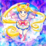  1girl bishoujo_senshi_sailor_moon blonde_hair blue_eyes boots bow brooch choker double_bun earrings elbow_gloves gloves hair_ornament hairpin highres jewelry long_hair magical_girl outstretched_arms pleated_skirt ponze ribbon sailor_collar sailor_moon skirt smile solo spread_arms super_sailor_moon tiara tsukino_usagi twintails white_gloves 