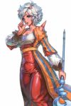  1girl blue_eyes breasts cleavage corset dragon_quest dragon_quest_x dress mico_(paleshelter) ogre_(dq10) pink_skin short_hair solo staff wavy_hair white_hair 
