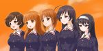  5girls absurdres akiyama_yukari blush breasts brown_hair girls_und_panzer highres isuzu_hana long_hair military multiple_girls nishizumi_miho open_mouth rasukaru reizei_mako short_hair smile takebe_saori uniform 