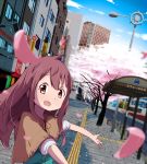  1girl building capelet cherry_blossoms cityscape female keshigomukun long_hair open_mouth original pink_eyes pink_hair solo 