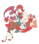  1girl crossover delcatty fate/zero fate_(series) glaceon gorosuke_(my_boy) high_heels liepard pillow pokemon pokemon_(creature) redhead shoes short_hair sola-ui_nuada-re_sophia-ri 
