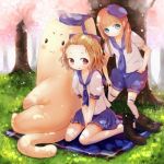  2girls :p ali_manami blanket blue_eyes boots brown_hair cat cherry_blossoms hat long_hair multiple_girls original red_eyes ribbon shoes_removed short_hair smile tongue tree twintails 