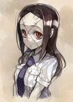  1girl artist_request bags_under_eyes brown_hair bust carol_(skullgirls) long_hair necktie painwheel_(skullgirls) red_eyes school_uniform skullgirls sleeves_rolled_up smile solo spoilers stitches 