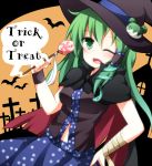  1girl alternate_color bandages bat blush breasts candy cape church cross frog_hair_ornament green_eyes green_hair hair_ornament hair_tubes halloween hat kochiya_sanae lollipop long_hair open_mouth skirt sleeveless smile snake_hair_ornament solo taku10 text touhou trick_or_treat wink witch witch_hat 