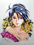  1girl absurdres aoi_saturday bare_shoulders blue_hair breasts cleavage flower highres komagata_yumi lips marker_(medium) mole portrait rurouni_kenshin simple_background smile traditional_media violet_eyes white_background 