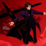  1boy brown_eyes brown_hair cassock cross cross_necklace fate/stay_night fate_(series) happy_birthday kotomine_kirei outstretched_arms sexy44 solo 