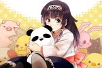  1boy alluka_zoldyck androgynous bird black_hair blue_eyes bow cat dog hair_ornament hairband highres holding hunter_x_hunter japanese_clothes kasasagi_(petarpan) lion long_hair multi-tied_hair panda pig rabbit sitting solo stuffed_animal stuffed_toy 