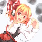  1girl \m/ blonde_hair blush fang gennsuikyou hair_ribbon headphones long_sleeves open_clothes open_mouth open_shirt red_eyes ribbon rumia short_hair smile solo touhou undone 