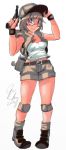  1girl baseball_cap belt_pouch breasts fio_germi grey_hair gun hat khakis knee_pads metal_slug midriff navel open_vest pigeon-toed pistol radlionheart shorts solo tank_top violet_eyes weapon wristband 