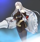  1girl bare_shoulders breasts ginka_sima gloves lance large_breasts long_hair pantyhose polearm red_eyes selvaria_bles senjou_no_valkyria shield silver_hair solo weapon 