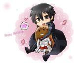  1boy asuna_(sao) asuna_(sao)_(cosplay) black_eyes black_hair character_doll character_request chibi happy_birthday kirito mie_(pome_no_ki) mushroom short_hair sword_art_online 