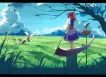  1girl baisi_shaonian field grass hair_bobbles hair_ornament highres house onozuka_komachi red_eyes redhead road_sign scenery scythe short_hair sign skirt solo standing touhou tree twintails weapon wind windmill 