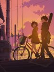  bag bicycle brown_eyes brown_hair clouds coat goke_shike_(altamira05) kneehighs messenger_bag original plastic_bag pole satchel short_hair shoulder_bag sign skirt sky smile sunset vehicle 