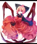  1girl blonde_hair bow breasts buttons dress frills hair_bow kurodani_yamame letterboxed long_sleeves open_mouth red_eyes short_hair solo touhou uiroutsuji_yumihiko white_background 