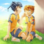  2boys blue_hair brown_hair clouds cr72 inazuma_eleven_(series) inazuma_eleven_go lightning_bolt male matsukaze_tenma multiple_boys raimon sitting soccer_uniform tears tsurugi_kyousuke wariza wink yellow_eyes 