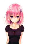  1girl breasts bust collarbone flower hair_flower hair_ornament highres looking_at_viewer momo_velia_deviluke pink_hair scan simple_background solo to_love-ru violet_eyes white_background yabuki_kentarou 