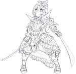  armor dual_wielding highres lineart monochrome original ros sandals short_hair solo sword weapon 