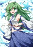  1girl blush breasts detached_sleeves frog_hair_ornament gohei green_eyes green_hair hair_ornament hair_tubes kochiya_sanae long_hair open_mouth skirt smile snake_hair_ornament solo taku10 touhou 