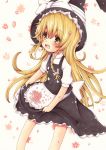  1girl apron blonde_hair bow braid cherry_blossoms floral_background hair_bow hat hat_ribbon highres kirisame_marisa long_hair marker_(medium) open_mouth ribbon short_sleeves single_braid skirt skirt_hold solo togesabo touhou traditional_media very_long_hair vest waist_apron white_background witch_hat yellow_eyes 