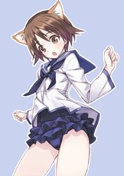  1girl :o animal_ears blush brown_eyes brown_hair frilled_swimsuit frills matsuryuu miyafuji_yoshika open_eyes sailor_collar school_swimsuit short_hair simple_background solo strike_witches swimsuit uniform 