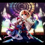  1girl alice_margatroid arm_up blonde_hair blue_dress blue_eyes bow capelet dress hair_bow headband interior kaede_(mmkeyy) letterboxed light_particles long_hair looking_at_viewer puppet_strings sash shanghai_doll short_hair smile solo stained_glass touhou 