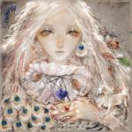  1girl bottle earrings grey_eyes highres horse jewelry long_hair necklace original peacock_feathers solo white_hair yogisya 