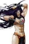  1boy arm_blade cars_(jojo) freer highres horns jojo_no_kimyou_na_bouken loincloth long_hair muscle purple_hair solo stone_mask_(jojo) weapon 