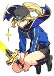  1girl :&lt; ahoge baseball_cap blonde_hair boots excalibur fate/stay_night fate_(series) green_eyes hat heroine_x ponytail saber scarf sexy44 shorts solo sword track_jacket weapon 