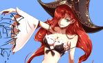  1girl bare_shoulders beancurd blue_background breasts cleavage detached_sleeves green_eyes hair_over_one_eye hat league_of_legends looking_at_viewer redhead sarah_fortune simple_background smile solo 