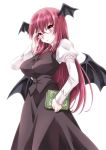  1girl :o bespectacled book breasts glasses head_wings highres koakuma komiru large_breasts long_hair looking_at_viewer multiple_wings necktie puffy_sleeves red_eyes redhead simple_background solo touhou white_background wings 