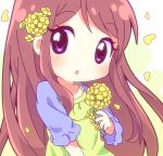  1girl aikatsu! brown_hair chibi flower long_hair mirai_(sugar) open_mouth shibuki_ran solo violet_eyes 