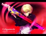  1boy blonde_hair casual character_name ea_(fate/stay_night) fate/stay_night fate_(series) gilgamesh letterboxed red_eyes solo title_drop type-moon uka_(color_noise) weapon 