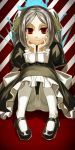  1girl apron bloody_marie_(skullgirls) chin_rest hair_ornament hara_kuro_jakku highres looking_at_viewer maid maid_headdress mary_janes pantyhose pigeon-toed red_eyes shoes sitting skull_hair_ornament skullgirls twintails upskirt white_hair white_legwear 