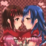  2girls amami_haruka blue_hair blush brown_eyes brown_hair chocolate green_eyes heart idolmaster kisaragi_chihaya long_hair looking_at_another mouth_hold multiple_girls open_mouth scarf shared_scarf valentine 