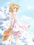  1girl absurdres alice_margatroid bird blonde_hair blue_eyes clouds dress from_behind hairband hat highres looking_back open_mouth ribbon short_hair solo sun_hat sundress touhou transistor 