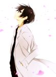  1boy black_eyes black_hair cherry_blossoms kirito labcoat looking_up male short_hair sword_art_online tsukimori_usako 