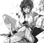  1girl belt blood blood_on_face breasts cleavage empty_eyes greaves monochrome shin_sangoku_musou shin_sangoku_musou_6 short_hair smile solo suzukimandesu tongue tongue_out torn_clothes wang_yi 