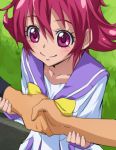  1girl aida_mana blush dokidoki!_precure haruyama holding_hands pink_eyes pink_hair precure school_uniform short_hair smile 
