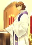  1boy brown_eyes brown_hair candle cross fate/stay_night fate_(series) kotomine_kirei priest robe sexy44 solo stole 