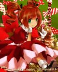  1girl aura biscuit_krueger biscuit_krueger_(cosplay) brown_eyes brown_hair dress gloves hair_ribbon hand_on_own_face highres hunter_x_hunter idolmaster kono_lolicon_domome looking_at_viewer mary_janes red_dress ribbon shoes short_hair short_twintails sitting smile socks solo takatsuki_yayoi twintails white_legwear yuyu805p 